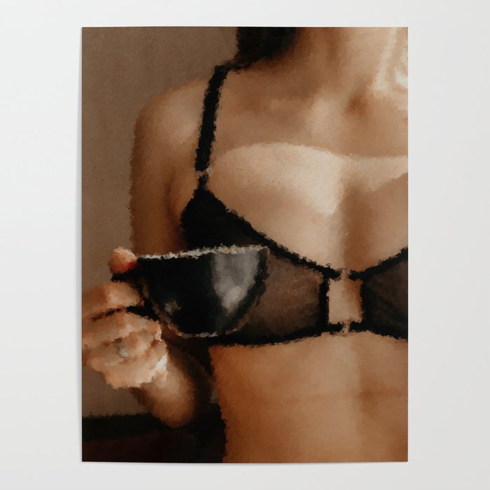 digital oil painting of the body of a faceless woman in a bra with a mug Poster