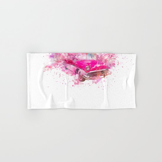 Pink Retro Car mixed media watercolor art Hand & Bath Towel