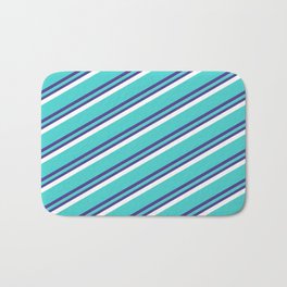 [ Thumbnail: Turquoise, Dark Slate Blue & White Colored Striped Pattern Bath Mat ]