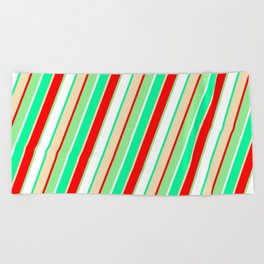 [ Thumbnail: Eye-catching Green, Tan, Red, Light Green, and White Colored Pattern of Stripes Beach Towel ]