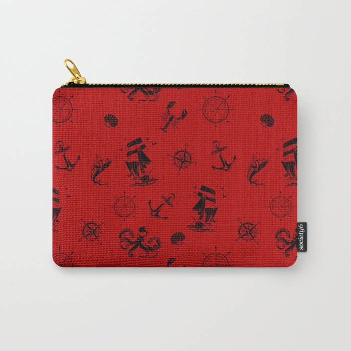 Red And Black Silhouettes Of Vintage Nautical Pattern Carry-All Pouch