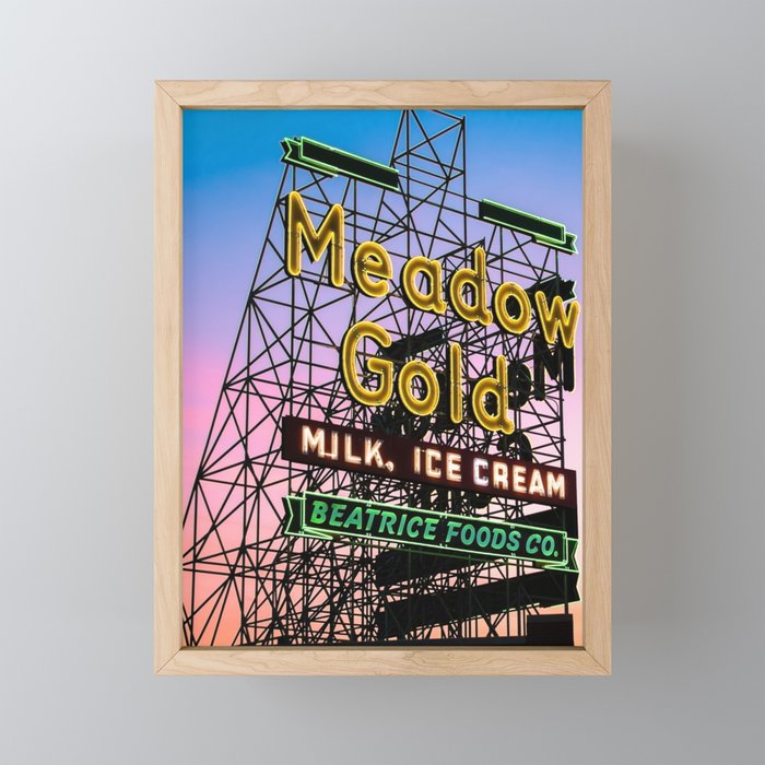 Route 66 Tulsa Oklahoma Meadow Gold Neon at Sunset Framed Mini Art Print
