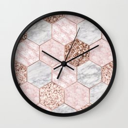 Rose gold dreaming - marble hexagons Wall Clock
