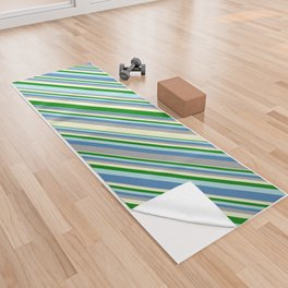 [ Thumbnail: Eye-catching Blue, Dark Gray, Light Yellow, Green, and Powder Blue Colored Lined Pattern Yoga Towel ]