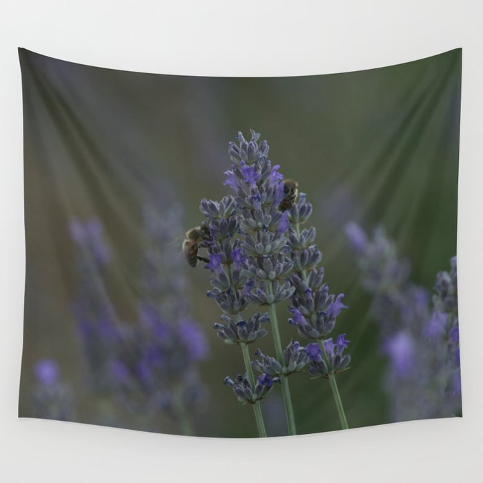 Honey Bees On Lavender Stalks Close Up Photography Wall Tapestry