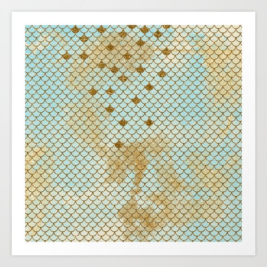 Mermaid Scales- Mermaidscales Gold and Aqua Fish Scales Art Print