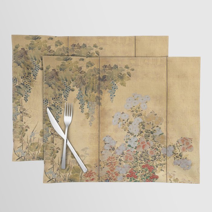 Japanese Edo Period Six-Panel Gold Leaf Screen - Spring and Autumn Flowers Placemat