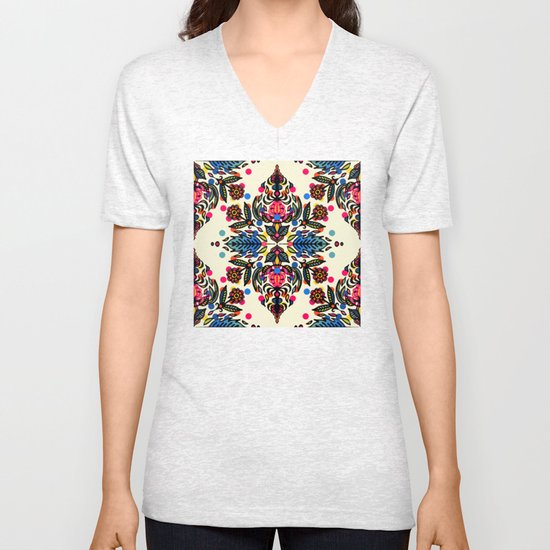 Bright Folk Art Pattern - hot pink, orange, blue & green Unisex V-Neck