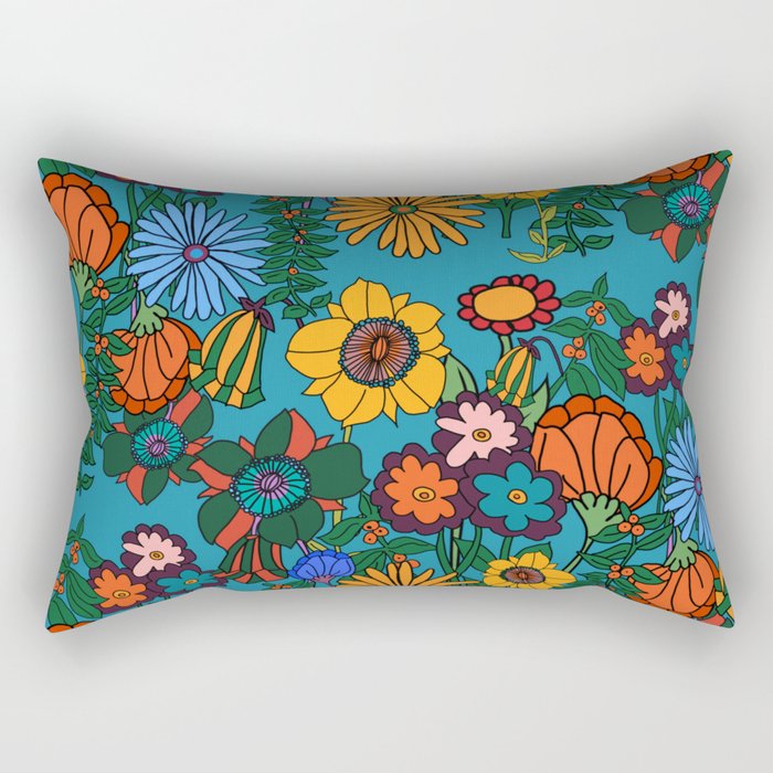 In the Weeds - Retro Floral Blue Rectangular Pillow