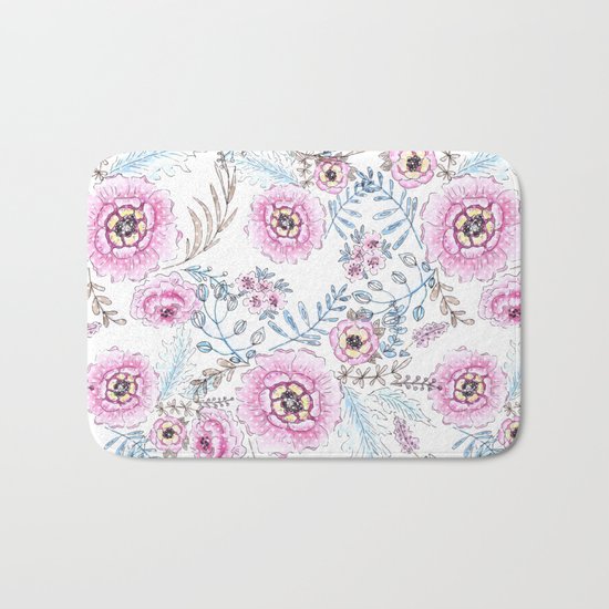 Watercolor . Pink flowers . Bath Mat
