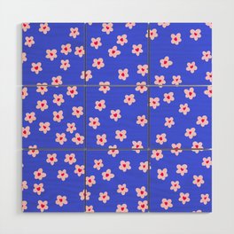 Cute Flowers with Hearts on Vibrant Blue Wood Wall Art