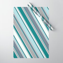 [ Thumbnail: Slate Gray, Teal, Powder Blue, Dark Grey, and Mint Cream Colored Lines/Stripes Pattern Wrapping Paper ]