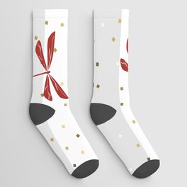 Red Dragonfly Christmas seamless pattern and Gold Confetti on Dark Grey and White Stripes Background Socks