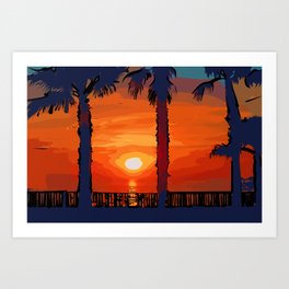 Ocean Sunset Between Two Palm Trees Art Print