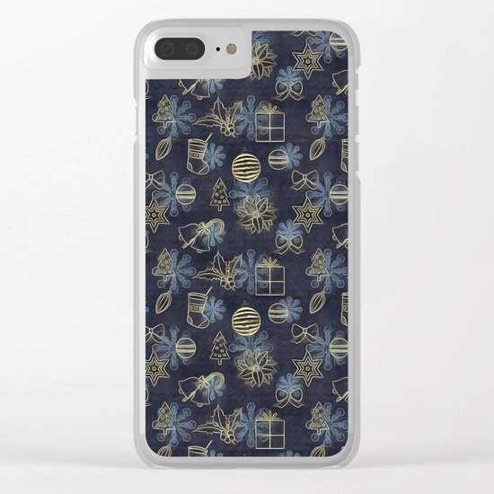 Christmas Golden pattern on dark blue background Clear iPhone Case