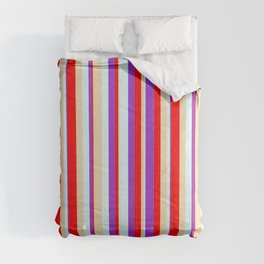 [ Thumbnail: Red, Dark Orchid, Light Cyan, and Tan Colored Stripes Pattern Comforter ]
