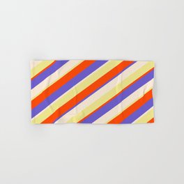 [ Thumbnail: Red, Slate Blue, Beige, and Tan Colored Lines/Stripes Pattern Hand & Bath Towel ]