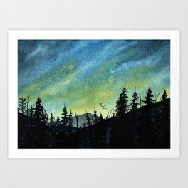 Galaxy Aurora Borealis Forest Art Print