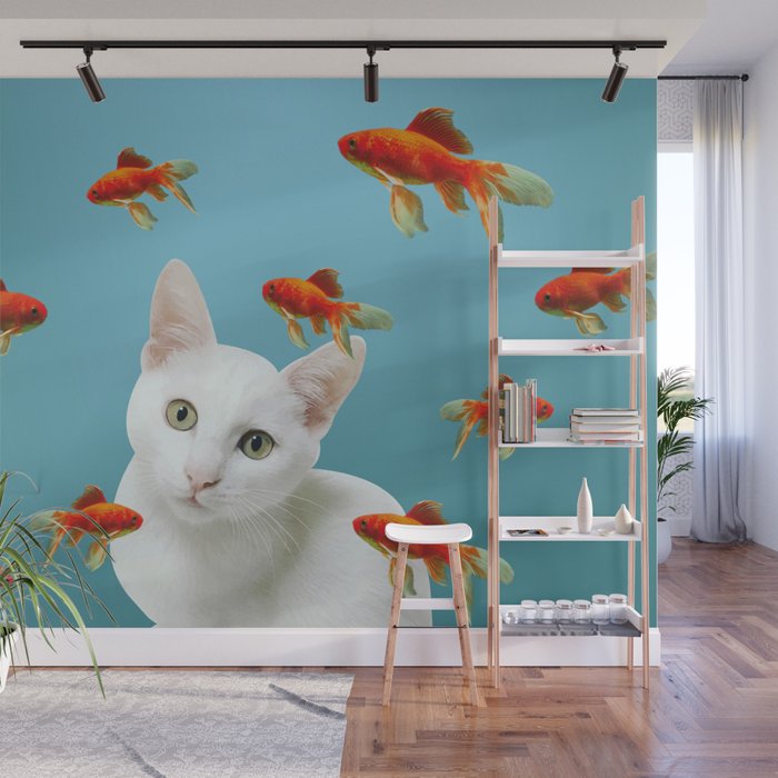 white lovely cat with goldfishes #cats Wall Mural