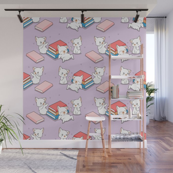 Cats and Books Pattern Wall Mural