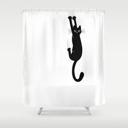 Black Cat Hanging On | Funny Cat Shower Curtain