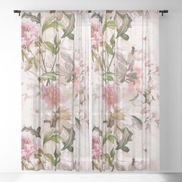 Vintage And Shabby Chic- Pink  Summer Peonies Antique Botanical Flower Garden Sheer Curtain