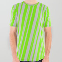 [ Thumbnail: Light Grey and Chartreuse Colored Lined/Striped Pattern All Over Graphic Tee ]