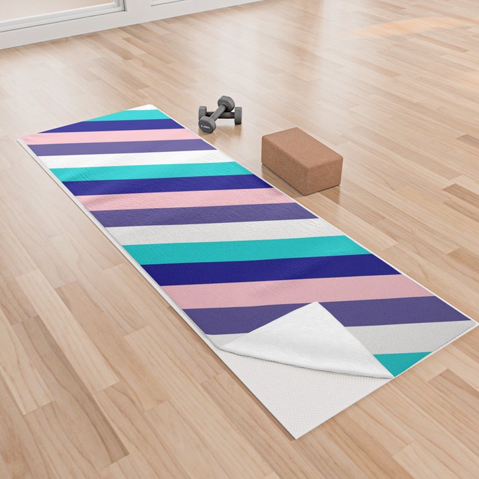 Vibrant Dark Turquoise, Blue, Pink, Dark Slate Blue & White Colored Lined/Striped Pattern Yoga Towel