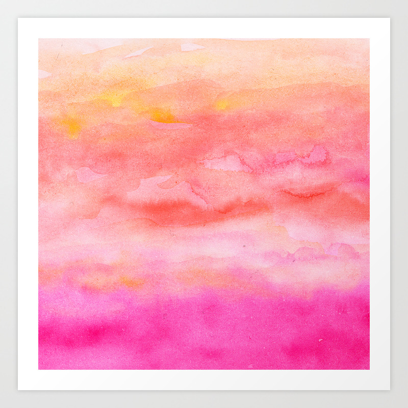 Bright Pink Orange Sunset Watercolor Hand Painted Art Print By