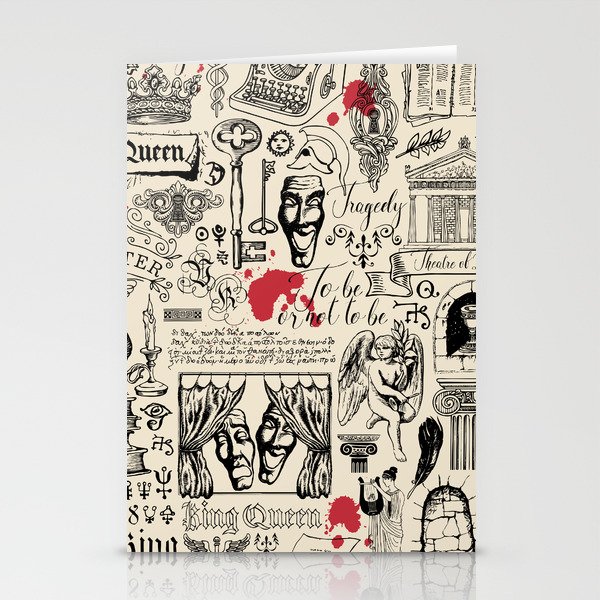 Abstract seamless pattern on the theme of theater and drama with black pencil drawings and red blots in vintage style.  Stationery Cards