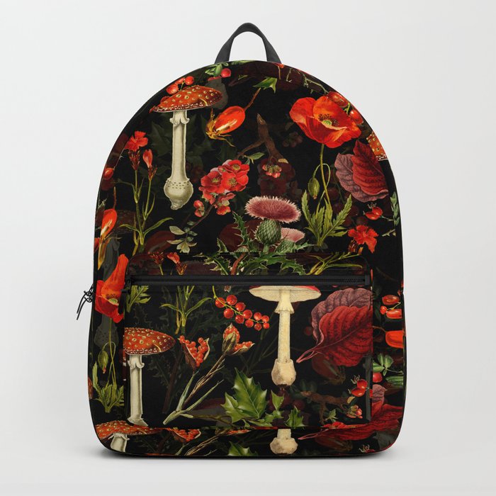 Vintage Dark Red Mushrooms And Poppies Botanical Midnight Garden Backpack