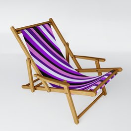 [ Thumbnail: Eye-catching Orchid, Indigo, Lavender, Dark Violet, and Black Colored Stripes Pattern Sling Chair ]