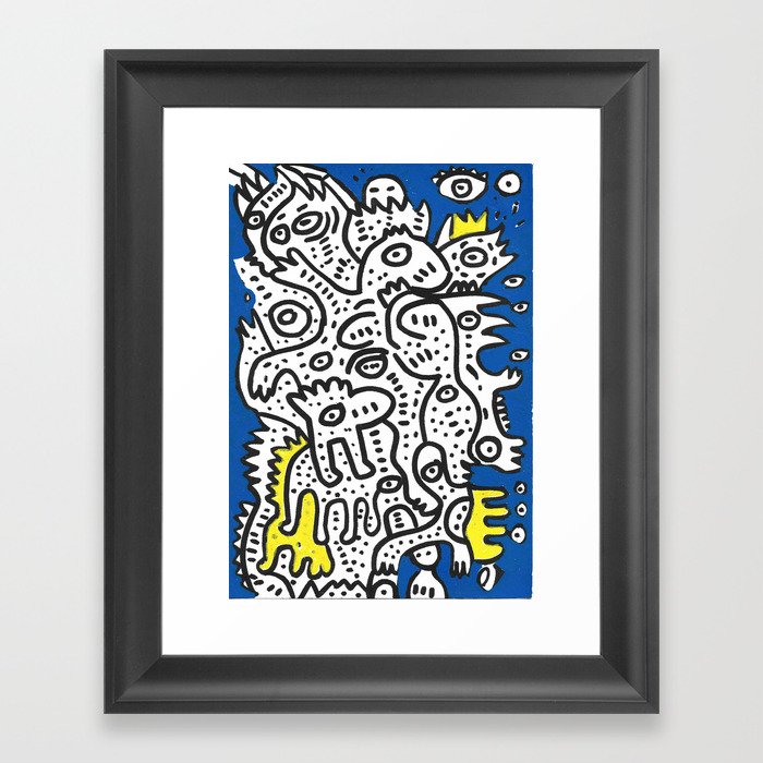Yellow Blue Graffiti Art Doodle Black and White  Framed Art Print
