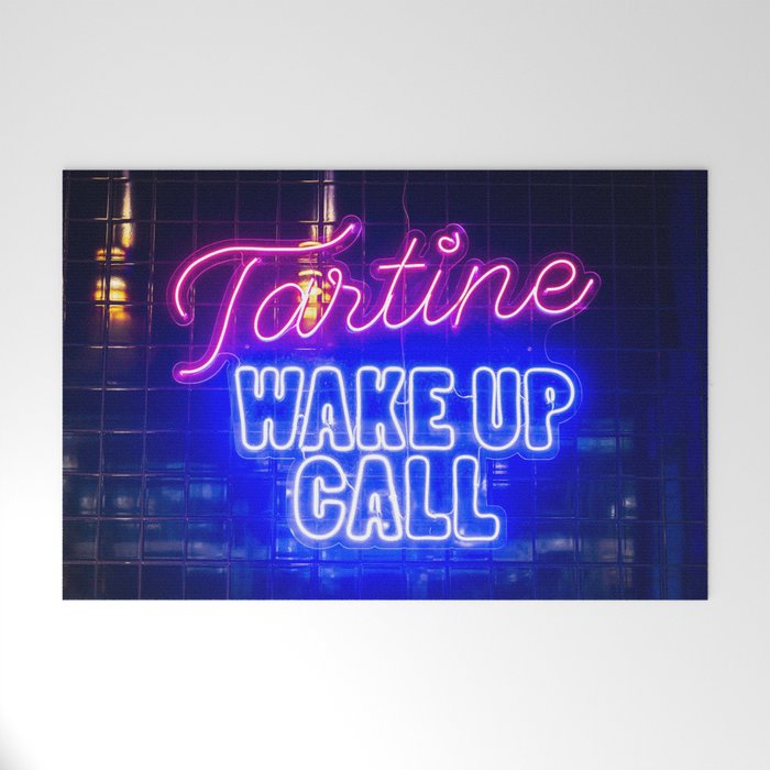 Blue and pink neon sign Tartine wake up call - hotdogs in Lissabon, Portugal Foodcourt - travel photography Welcome Mat