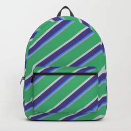 [ Thumbnail: Vibrant Dark Grey, Sea Green, Light Gray, Dark Slate Blue & Blue Colored Lines/Stripes Pattern Backpack ]