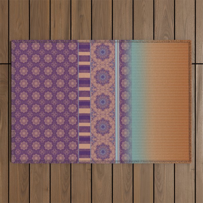Purple Teal Orange Boho Mandala Tile Ombre Mixed Pattern Outdoor Rug