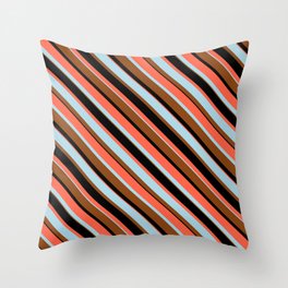 [ Thumbnail: Red, Light Blue, Brown, and Black Colored Lines/Stripes Pattern Throw Pillow ]