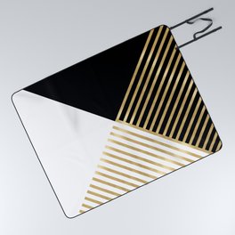 Black White Geometric Gold Stripes Modern Design Picnic Blanket