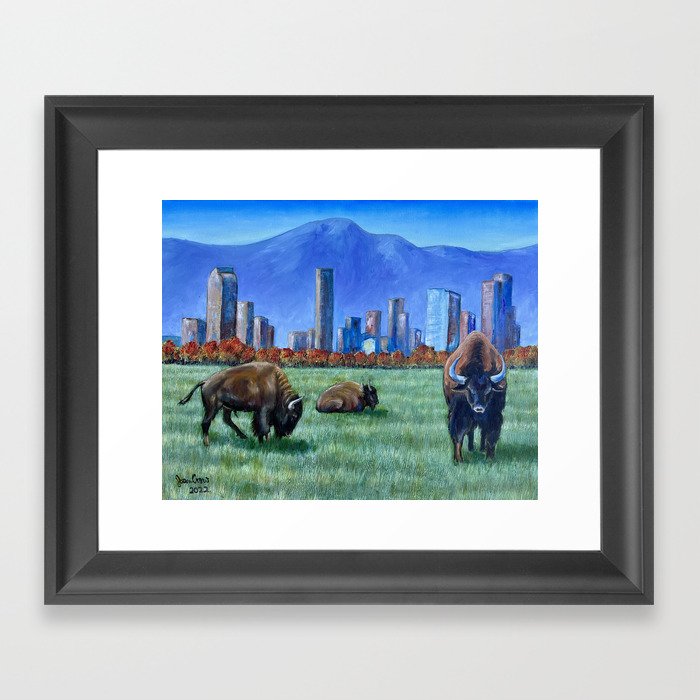 Bison Among Denver Landscape Framed Art Print