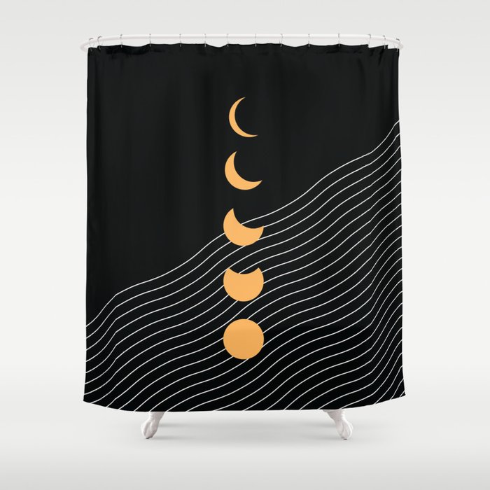 Moon Phases in Gold and Black (Moon and Ocean abstraction) Shower Curtain