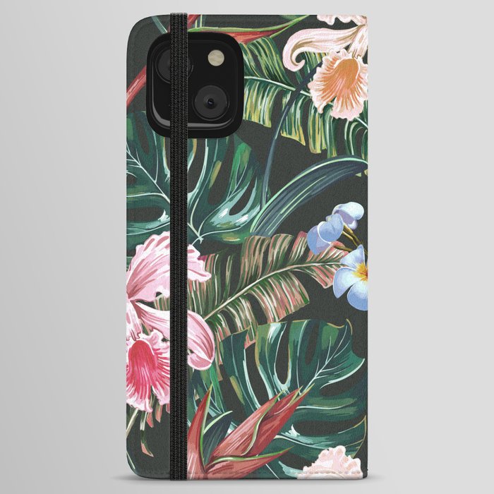 Tropical floral seamless vintage pattern background with exotic flowers, palm leaves, jungle leaf, orchid, bird of paradise flower. Botanical wallpaper illustration in Hawaiian style iPhone Wallet Case