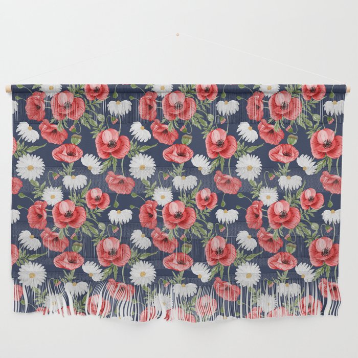 Daisy and Poppy Seamless Pattern on Navy Blue Background Wall Hanging