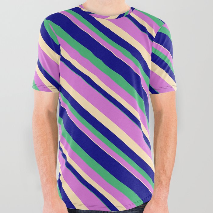 Blue, Sea Green, Orchid, and Beige Colored Striped/Lined Pattern All Over Graphic Tee