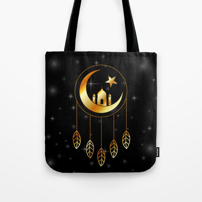 Islamic dream catcher with feathers golden moon and stars	 Tote Bag