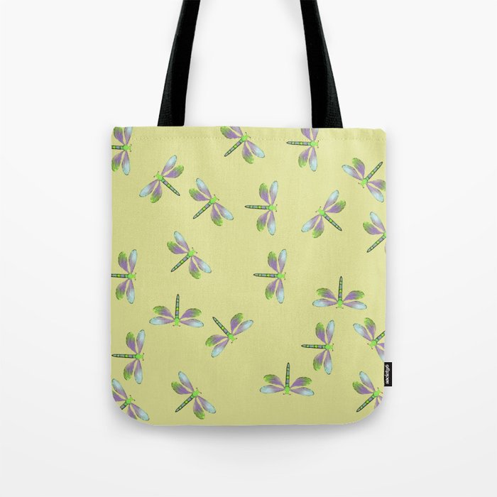 Dragonfly Frenzy Tote Bag | Drawing, Digital, Grapjic-design, Dragonfly, Dragonflies, Yellow, Purple, Teal, Green, Flying