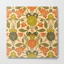 Retro 1970s Floral in Olive Green & Orange Metal Print