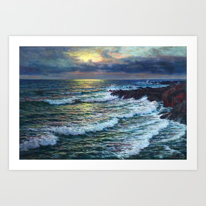 Coastal Waves Crashing at Sunset - Impressionist Oil seascape maritime painting by Vartan Makhokhian Art Print