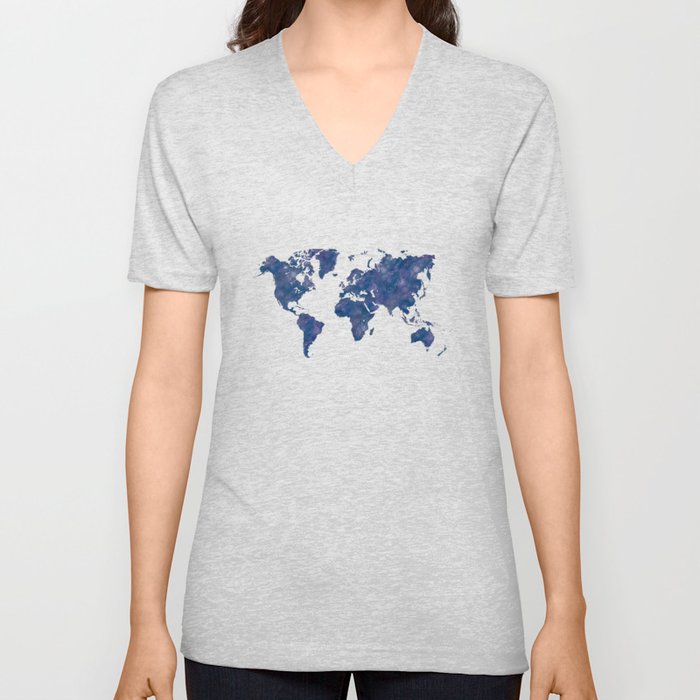 world map in watercolor-blue color V Neck T Shirt