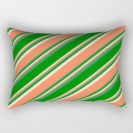 [ Thumbnail: Beige, Coral, Sea Green, and Green Colored Pattern of Stripes Rectangular Pillow ]