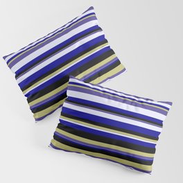 [ Thumbnail: Eyecatching Dark Khaki, Dark Slate Blue, Lavender, Dark Blue, and Black Colored Lines Pattern Pillow Sham ]